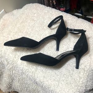 *SOLD* Black microsuede low (3”) strappy heels